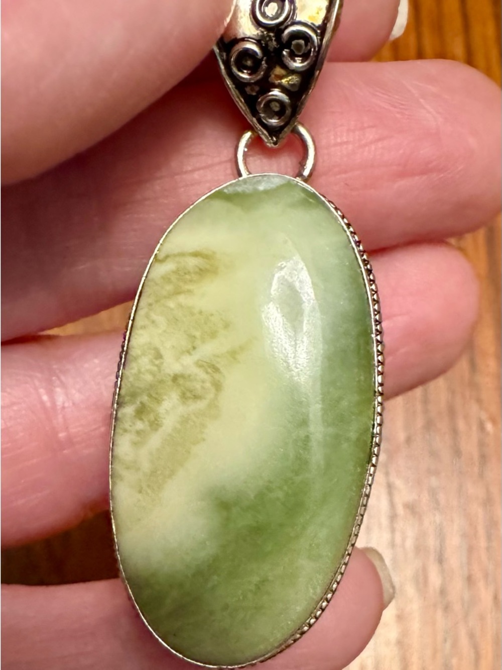 Large 2” Natural Green Serpentine Gemstone Pendant .925 Sterling Silver